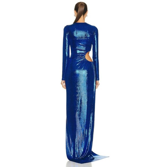 Balmain Womens Draped Laminated Jersey Long Dress in Bleu Electric 38 New Gown - Picture 4 of 16